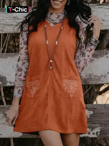 Western Style Corduroy Woven Embroidered Pocket Straight Fitted Sleeveless Mini Dress, Casual Wear for Women, Perfect for Spring & Fall Seasons, Embroidery