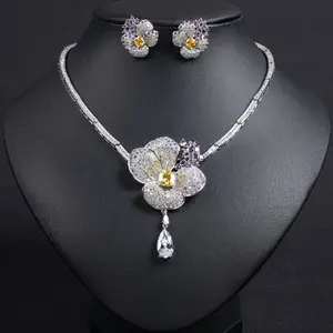 Luxury Floral Zircon Jewelry Set, Bridal Wedding Necklace & Earrings, Statement Bridal Prom Accessory