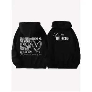 Women's Slogan Graphic Drawstring Drop Shoulder Black Hoodie, Street Style Pullover Clothes, Comfort Fashion Casual Long Sleeve Hooded Sweatshirt for Daily Holiday Wear, Lady Pullover Tops