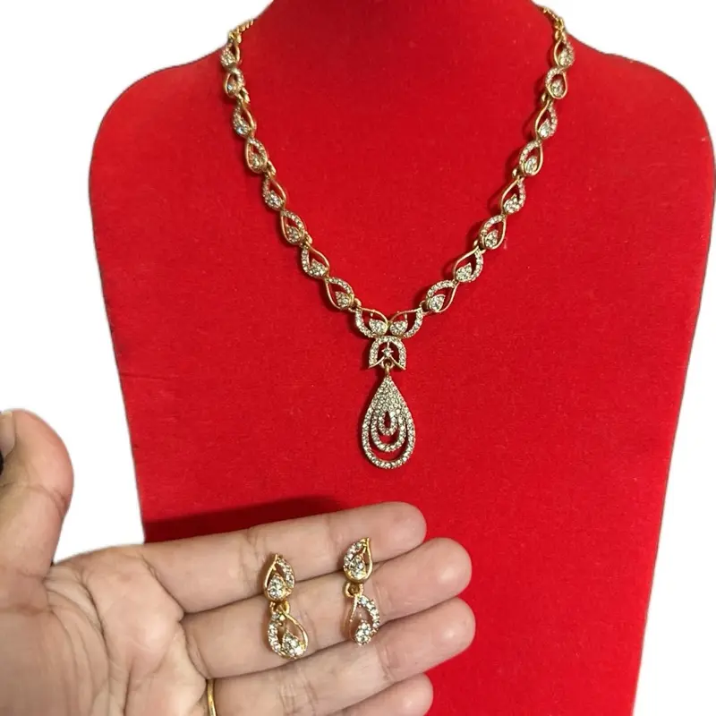 Jewelry Gift Set for Women, Traditional Floral Design, Gold-Tone 2-Piece Necklace and Earring Set with American Diamonds, Any Occasion, Casual, No Warning Applicable, Jewellery, Accessories, Ceremony, Daily, Everyday, Elegant, Drop Earrings, Chain