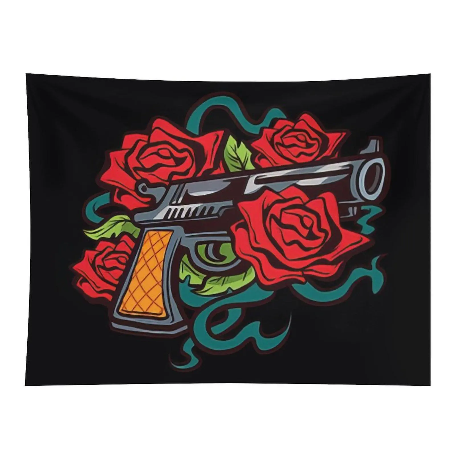 Vintage Tattoo Style Pistol Surrounded By Red Roses Dark Bold Graphic Wall Tapestry For Punk Rock Themed Room Decoration