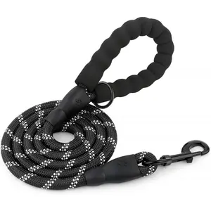 Heavy Duty Dog Leash with Comfortable Padded Handle, Highly Reflective Threads, LED Dog Light Feature, 5 FT Black for Medium or Large Dogs
