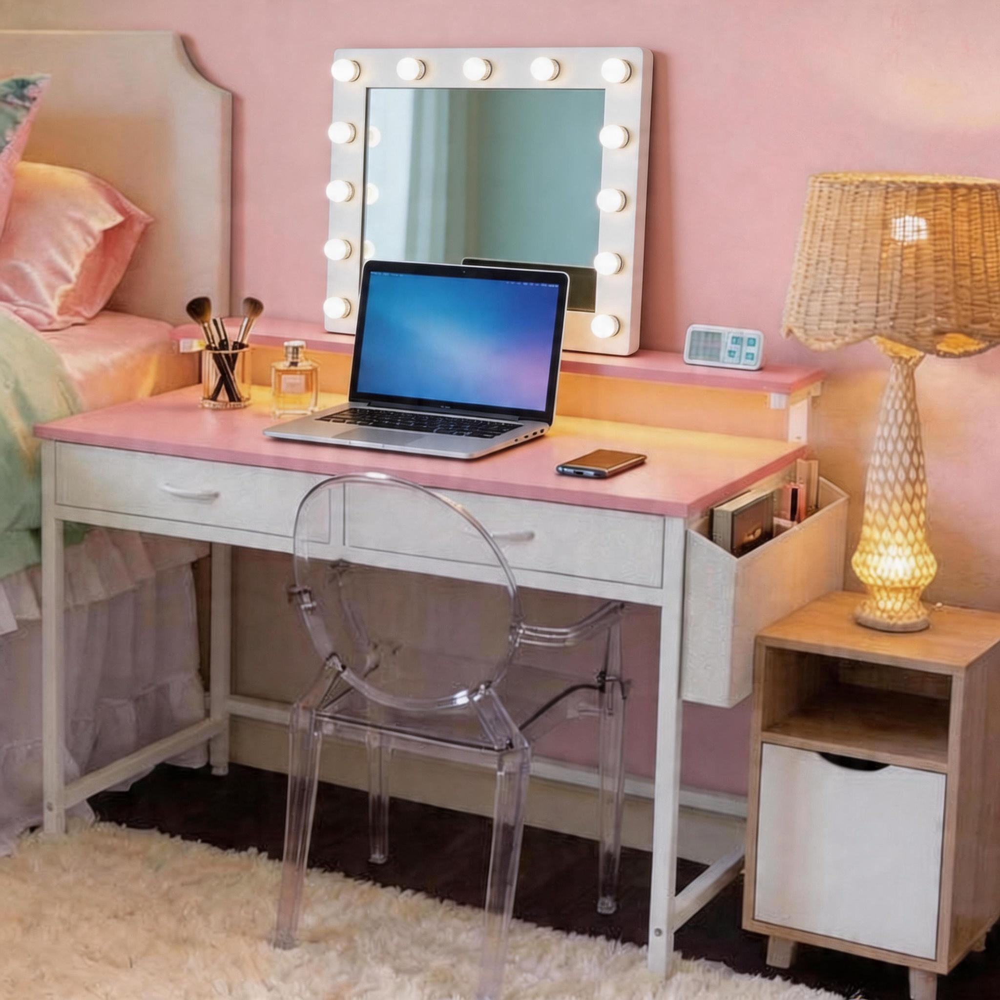 【Vanity & Office Desk】31.5'' Gaming Desk with LED Lights in Dorm & Tiny home,Computer desk with 2 Storage Drawers,Home Office Desk with Side Pocket & Ergonomic Monitor Stand,Writing Table with Anti-Tip Design, gift for Women and Teens,women bedroom decor