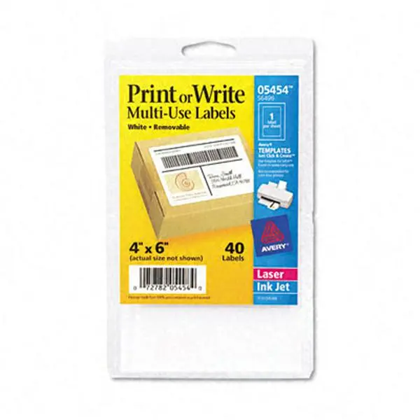 Avery Print-or-Write Easy-to-Remove Reusable Auto-Adhesive Labels & Stickers, 4x6 in White, 40/Pack for Shelves & Labeling