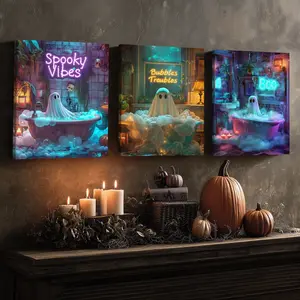 3 Counts Wooden Framed Canvas, White Ghost Bathing In The Bathroom, Bathroom Wall Art, Halloween Home Poster, Halloween Party Decorations, Home Hanging Paintings, Horror Theme, Posters, Gifts, High-Definition Art