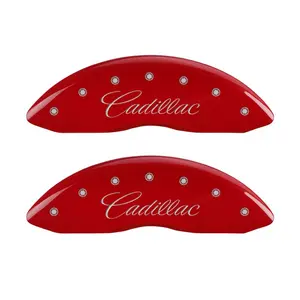 MGP 4 Caliper Covers Engraved Front & Rear Cursive/Cadillac Red finish silver