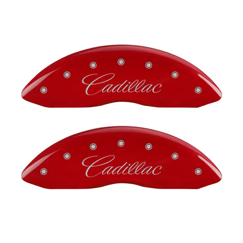 MGP 4 Caliper Covers Engraved Front & Rear Cursive/Cadillac Red finish silver