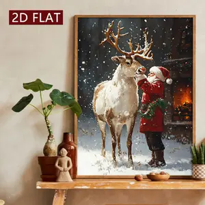 1pc Christmas Decorations Canvas Poster with Santa Claus Feeding Reindeer in Snowy Scene High-Definition Print Wall Art for Home Decor, Home Decor Accessory, Xmas Holiday Gift Festive Winter Wall Decoration Canvas Painting