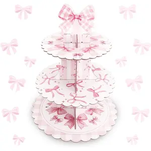Pink Bow Cupcake Stand Coquette Birthday Decorations,3 Tier Cupcake Holder Bow Decor Pink Party Decorations,Bows Cup Cake Tower Stand Coquette Decor for Baby Shower Engagement Wedding Birthday Party