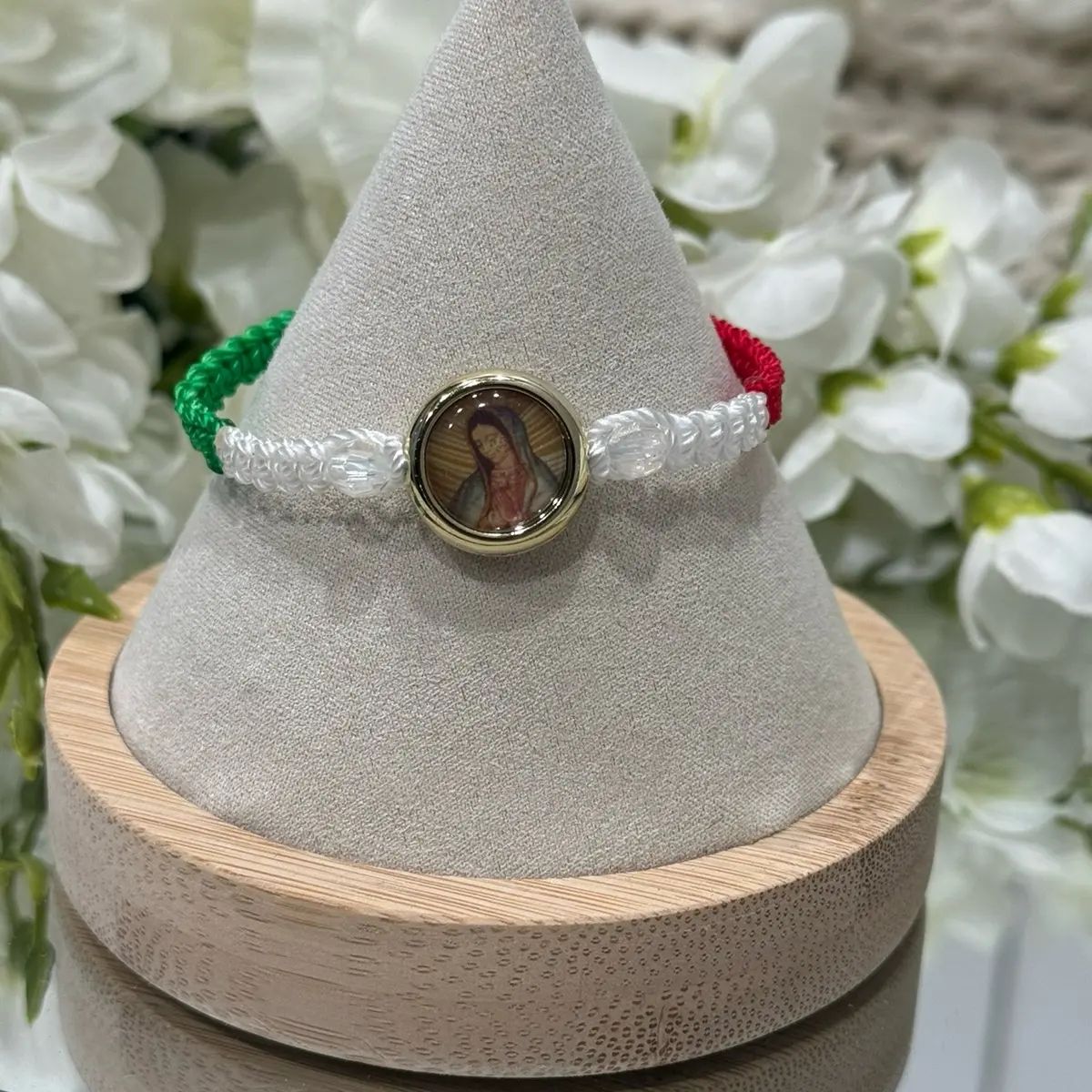 Mexican Inspired Virgin Mary Adjustable Bracelet with Beaded Design and Circular Centerpiece