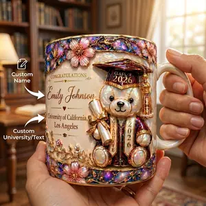 Custom University Graduation Mug 2D Printed 3D Effect Floral Bear Coffee Cup, Stained Glass Effect Ceramic Keepsake for High School Seniors Graduates Class of 2026, Cute Gift Idea for Niece Daughter Sister College Graduation Celebration Present
