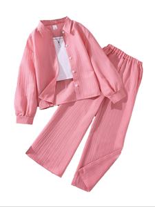 two-piece set girl's solid color / bow pattern shirt & pants set, casual long sleeve collared top & trousers for spring & fall, kids clothes for daily wear