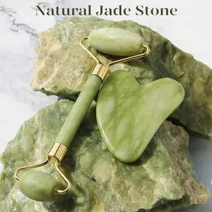 Green Natural Gua Sha & Jade Roller Facial Tools Set for Puffiness and Redness Reducing Skin Care Routine - Guasha, Body Care Comfort Gift