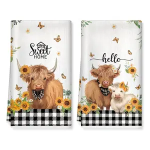 Highland Cow Kitchen Towels Soft Thick Polyester Farmhouse Hand Towels, 18 × 26 inch Absorbent Dish Cloth for Kitchen Home Decor, Housewarming, Birthday Gifts for Mom, Set of 2