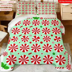 3pcs, 2D flat print Peppermint Candy Pattern Bed Cover Set, Christmas Theme, Multiple Sizes Available, Bedding Set, Festive Decorative Bedding, Ideal for Bedroom Décor(1 bedspread , 2 pillowcase)