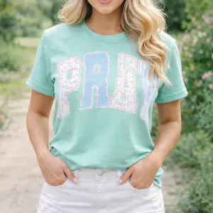 Comfort Colors Pray Patchwork Letter T Shirt, Christian Faith Graphic Tee, Floral Coquette Aesthetic Shirt, Inspirational Religious Unisex Top