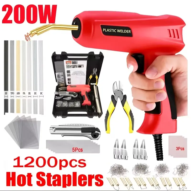 200W High-Power Durable Hot Melt Glue Gun Kit, Automotive Bumper & Fender Plastic Repair Welding Tool with Black Plastic Box, US Standard, Toothbrush Holder & Tool Protective Boot