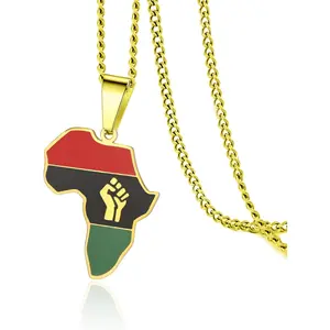 Fist Power in Pan African Necklace for Women Stainless Steel Colored Africa Map Pendant Necklace Africa Map Continent Hiphop Jewelry Gift for Men