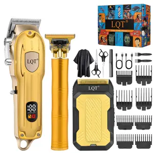 LQT 3-Piece Professional Gold Cordless Men's Grooming Kit - 2000mAh Rechargeable Hair Clipper, Detail Trimmer & Electric Shaver Set with LED Display, 8W/5W Powerful Motor, Barber Grade for Home Haircuts, Fades & Beard Grooming