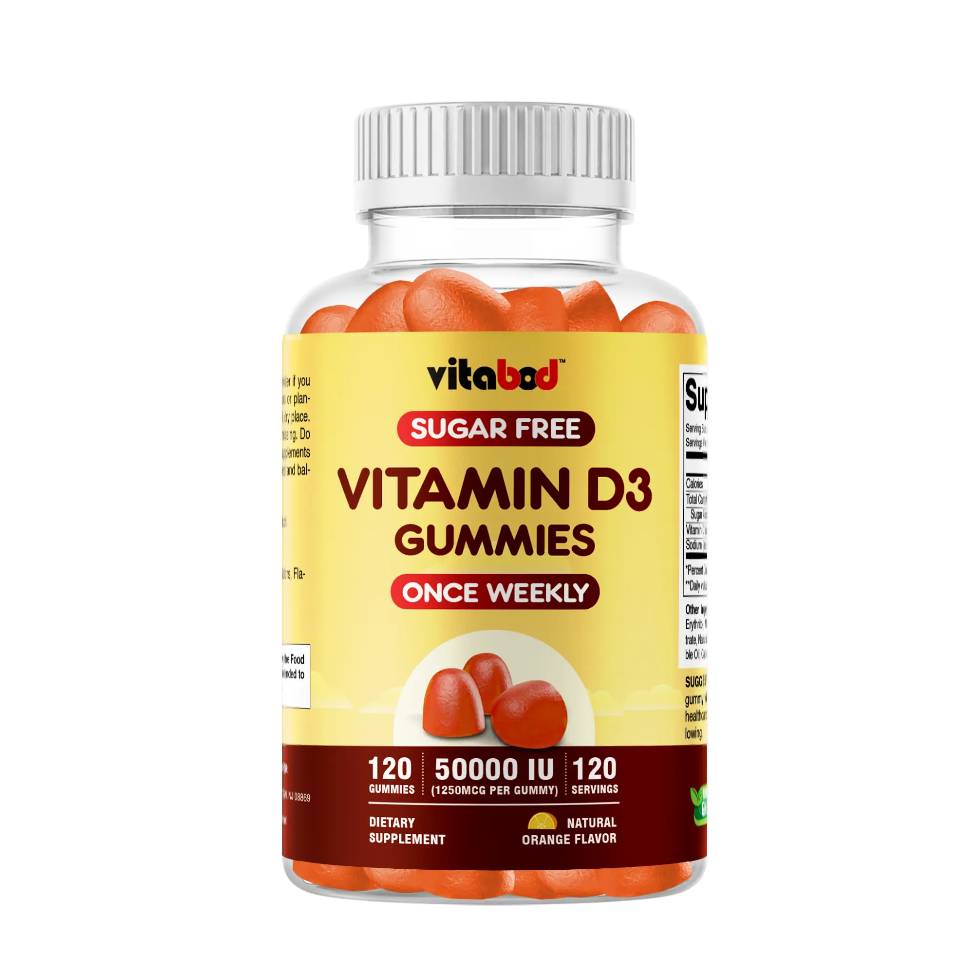 Vitabod Sugar-Free Natural Vitamin D3 50,000 IU Weekly Jelly Dietary Supplement - 120 Count, Lactose-Free, Non-GMO, Chewable Bone Strength & Immunity Support for Bone, Teeth Health