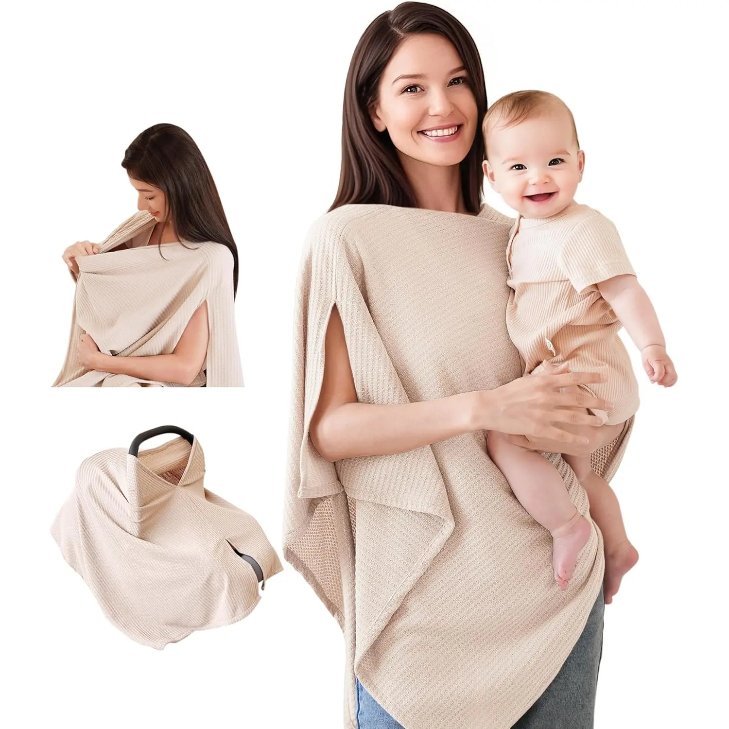 Women's Soft Breathable Breastfeeding Privacy Poncho Shawl - Durable, Easy-to-Clean, Machine-Washable Multi-Function Cover for Busy Moms (Beige)