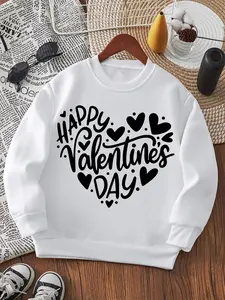 Girls' Valentine's Day Heart Letter Print Long Sleeve Round Neck Sweatshirt, Fleece Lined Thick Casual Kids Clothing