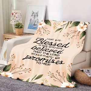 1pc Soft Green Floral Inspirational Bible Verse Flannel Blanket - Luke 1:45 Blessed Is the Faithful, 280GSM Heavy Christian Print Religious Print Soft Cover Blanket, All-Season Sofa Bed Cover for Living Room, Bedroom, Christian Print Blankets, Religious P