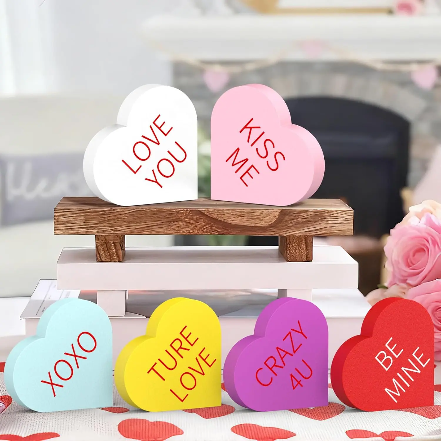 Valentine’s Day Decor – 6PCS Double-Printed Wooden Conversation Hearts, Romantic Decorations for Valentine’s & Galentine’s, Indoor Home, Office, Table, Tiered Tray, Mantel & Shelf