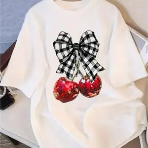 Womens Short Sleeve Crewneck Graphic Tee White Cherry Print With Gingham Bow Cute Casual Summer Top for Jeans Shorts Vacation Brunch