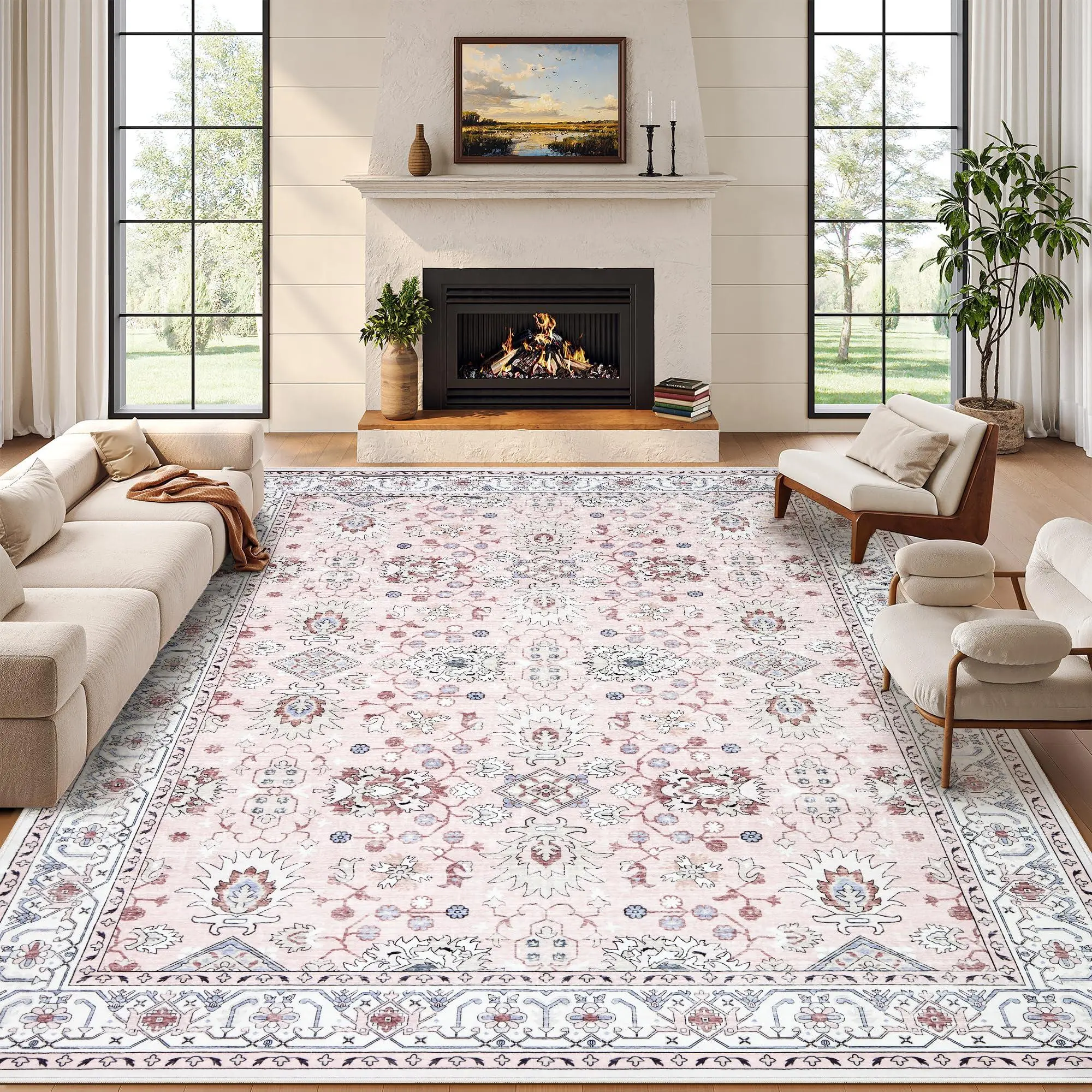 8x10 Area Rug for Living Room, Washable Vintage Soft Rug, Green | Non-Slip Low-Pile Printed Carpet for Entryway, Kitchen, Bedroom pink