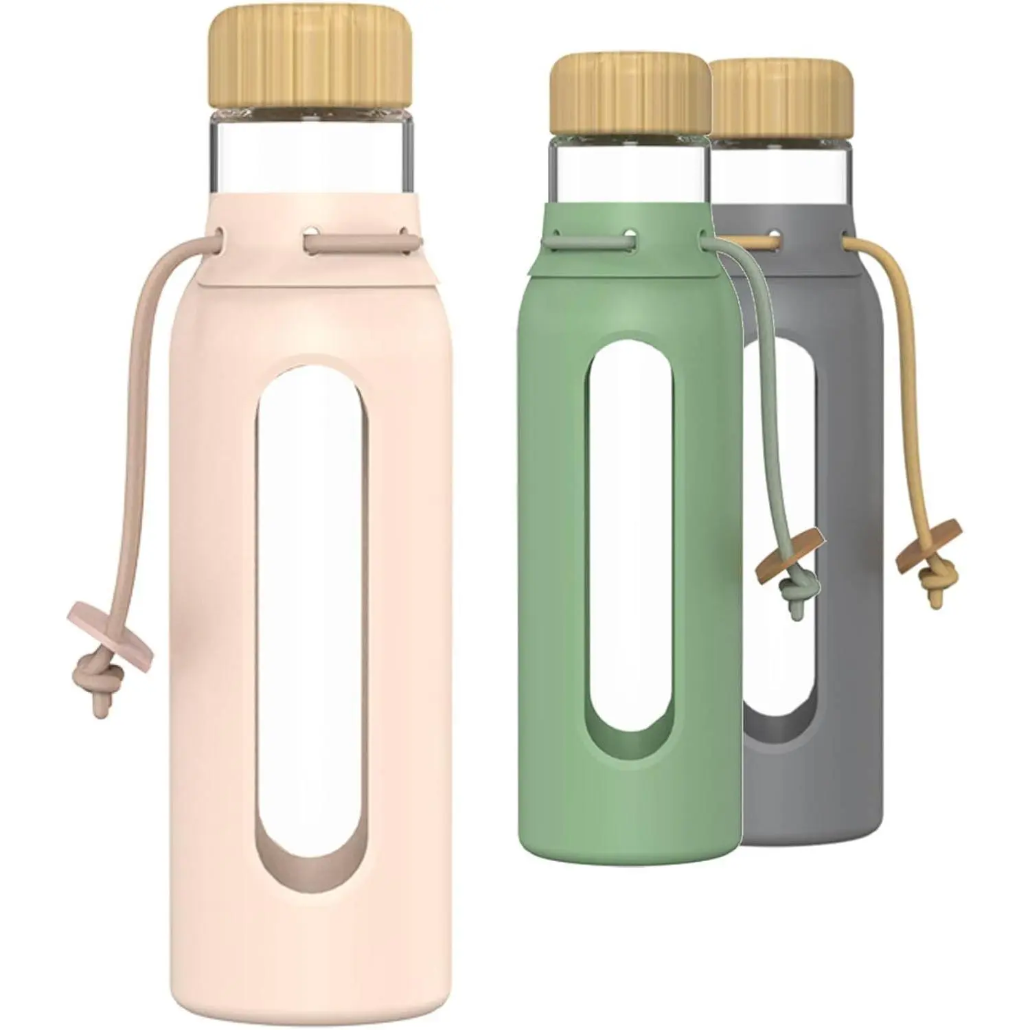 Borosilicate Glass Drinking Bottle with Bamboo Lid and Silicone Sleeve, 22 oz Reusable Water Bottle with Carry Cord for Travel, Leak Proof, BPA-Free (Wildflower Pink)