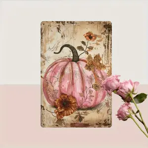 Vintage Autumn Pumpkin And Floral Metal Sign Perfect For Home Decor In Restaurants And Living Spaces Ideal For Fall Thanksgiving And Halloween Celebrations