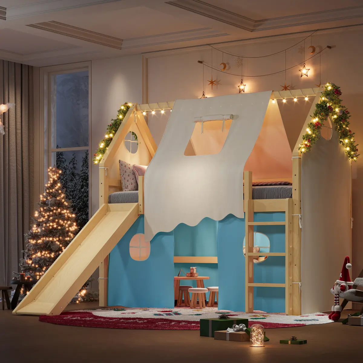 Twin/Full Size House Loft Bed with Slide and LED Lights, Solid Wood Loft Bed Frame with Tents and Ladders, No Box Spring Needed