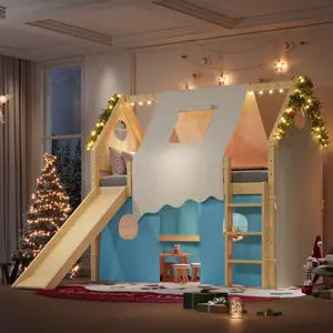 Twin/Full Size House Loft Bed with Slide and LED Lights, Solid Wood Loft Bed Frame with Tents and Ladders, No Box Spring Needed