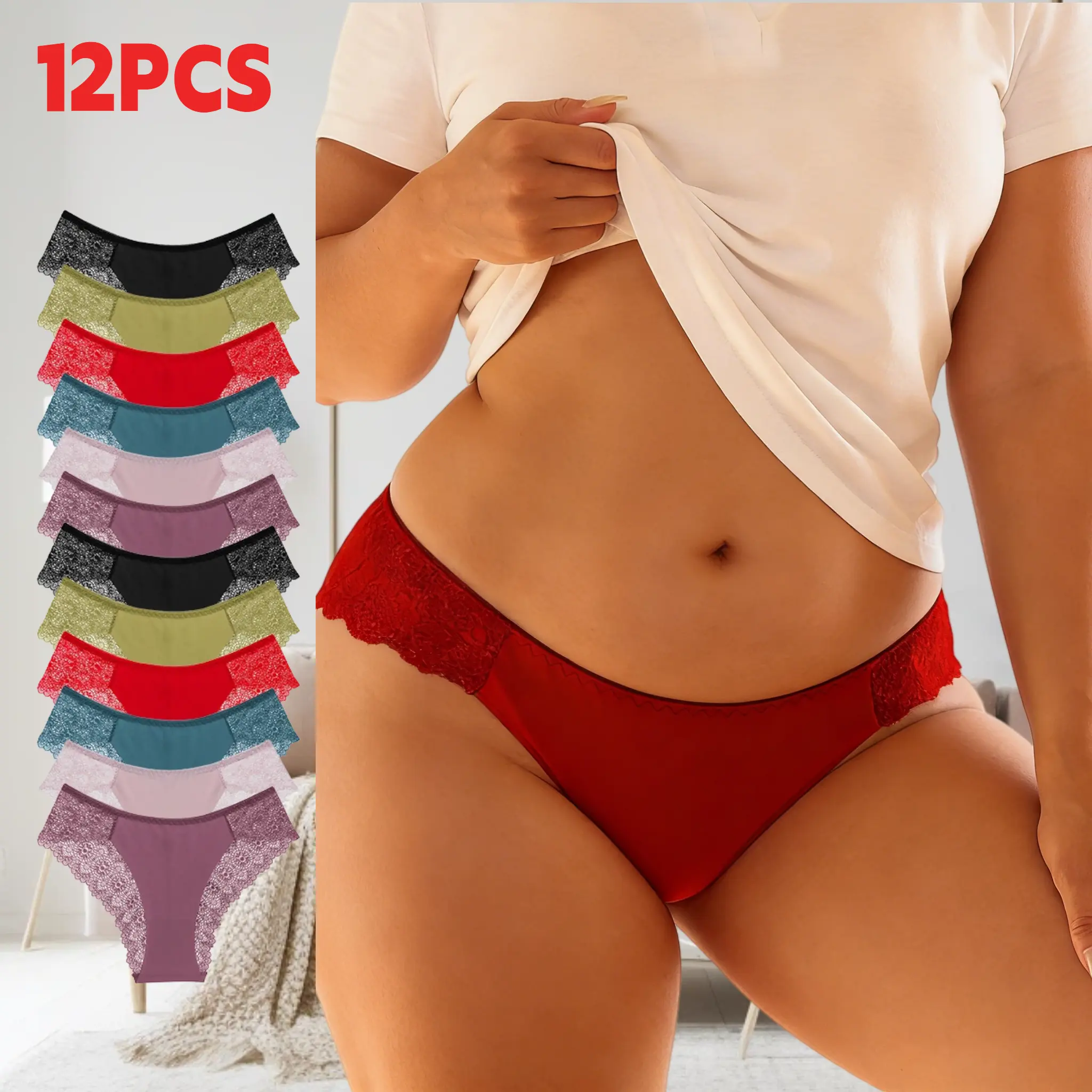 Lady's Low-Waist Cheeky Briefs, 12-Pack Sheer Lace Panties with Soft Stretch, Breathable for Everyday & Bridal Wear, Everyday Panties, High Stretch Panties