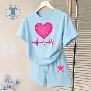 Women's Heartbeat Heart Graphic Short Sleeve T-Shirt And Shorts Set, Casual Summer Two-Piece Outfit With Crew Neck Top And Drawstring Waist Shorts For Daily Wear