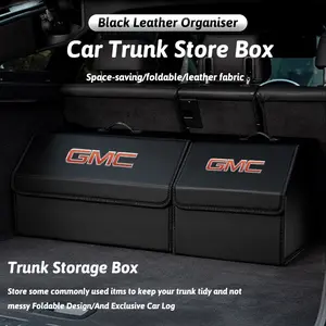 Car Emblem Leather Trunk Storage Box Portable Foldable Multiuse Organizer Bag Tool Auto Interior Accessories For GMC Terrain Sierra Canyon Yukon Acadia Savana Denali AT4 Granite