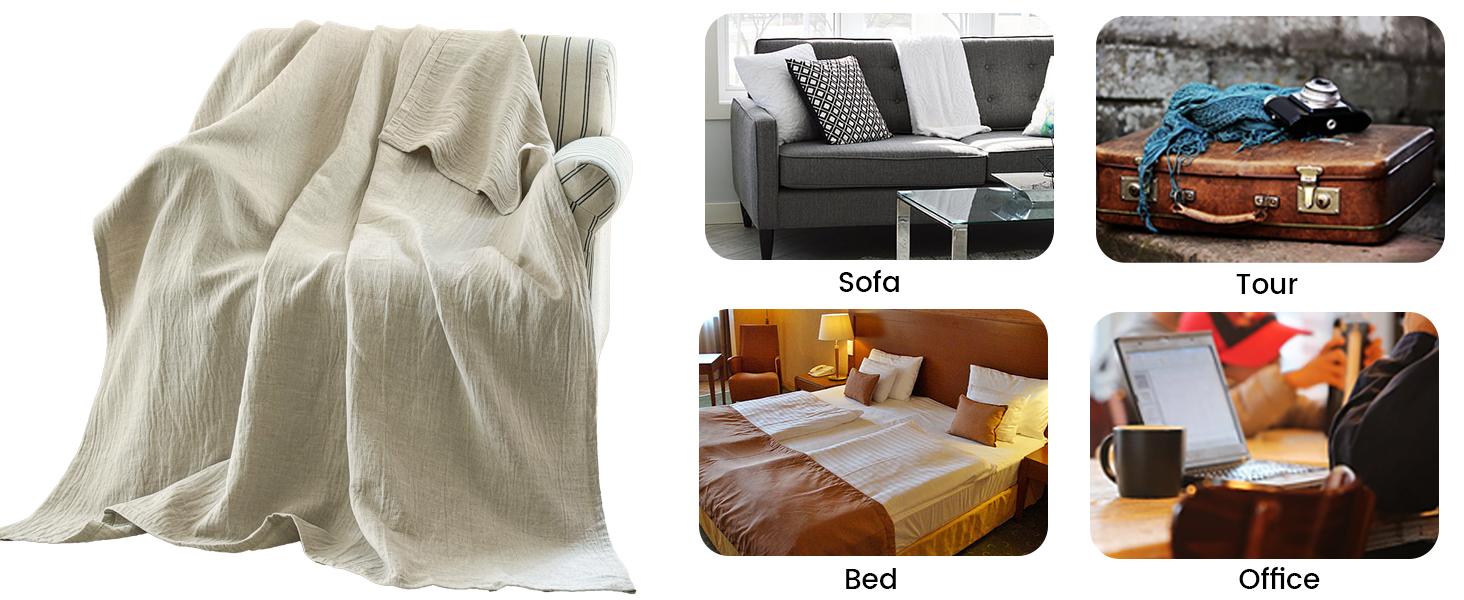 Simple&Opulence Linen Cotton Throw Blanket with Double Layered Folded Edge for Couch/Bed/Sofa/Gift, Natural Flax Solid Color Soft Breathable Cozy Farmhouse Home Décor