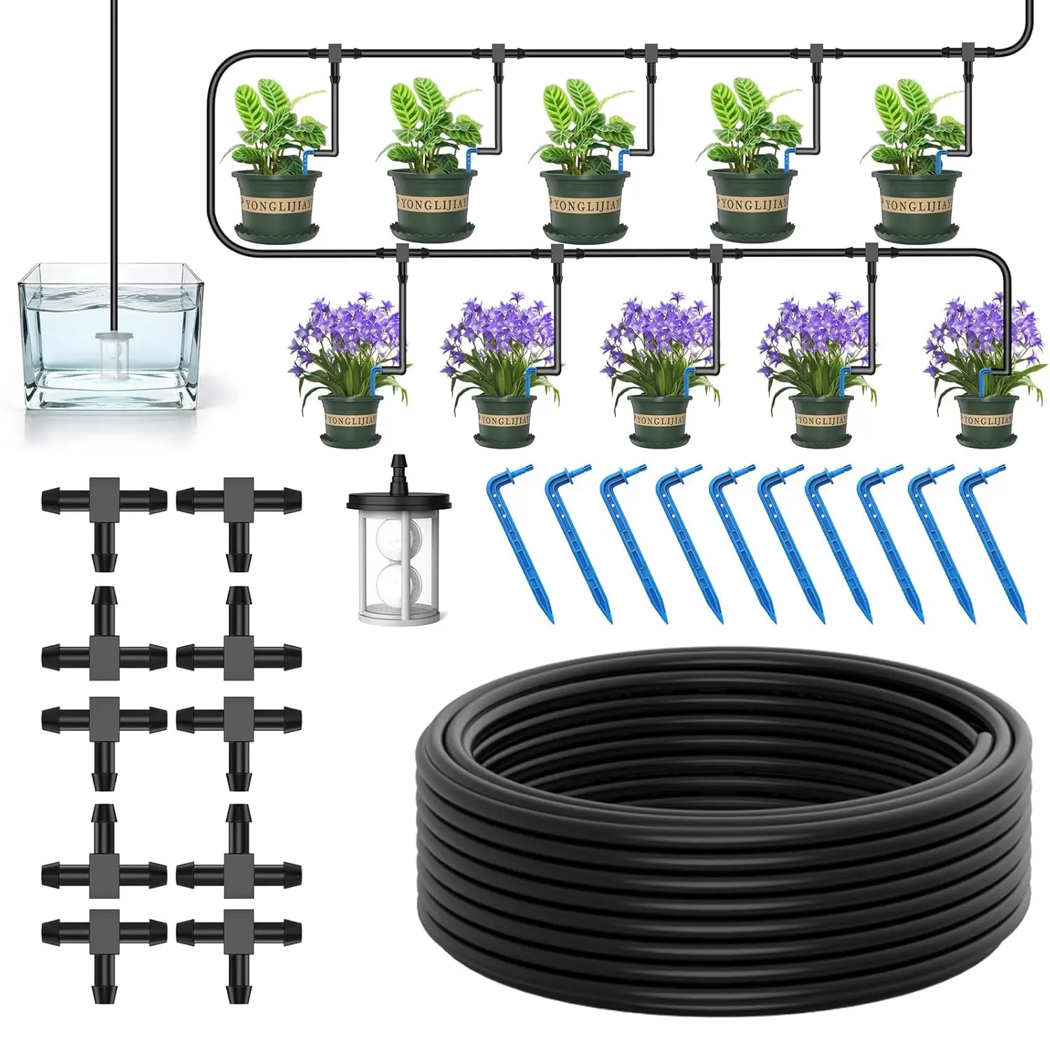 Automatic Drip Irrigation System Kit - 33ft Hose, Filter, 10 Tee Connectors, 10 Drippers, for Potted Plants Watering Needs