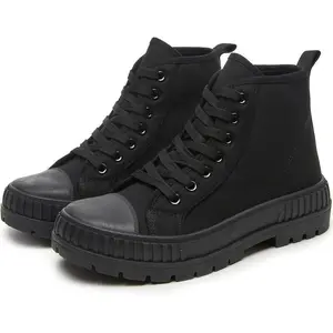 Women’s white platform sneakers — high-top canvas shoes; black lace-up canvas sneakers; casual platform tennis shoes; fashionable footwear; men’s casual trainer sneakers; trendy sports shoes