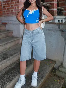 Women's Solid Color Pocket Casual Bermuda Denim Shorts, Vintage Loose Straight Fit Cycling Shorts, Spring & Fall Fashion