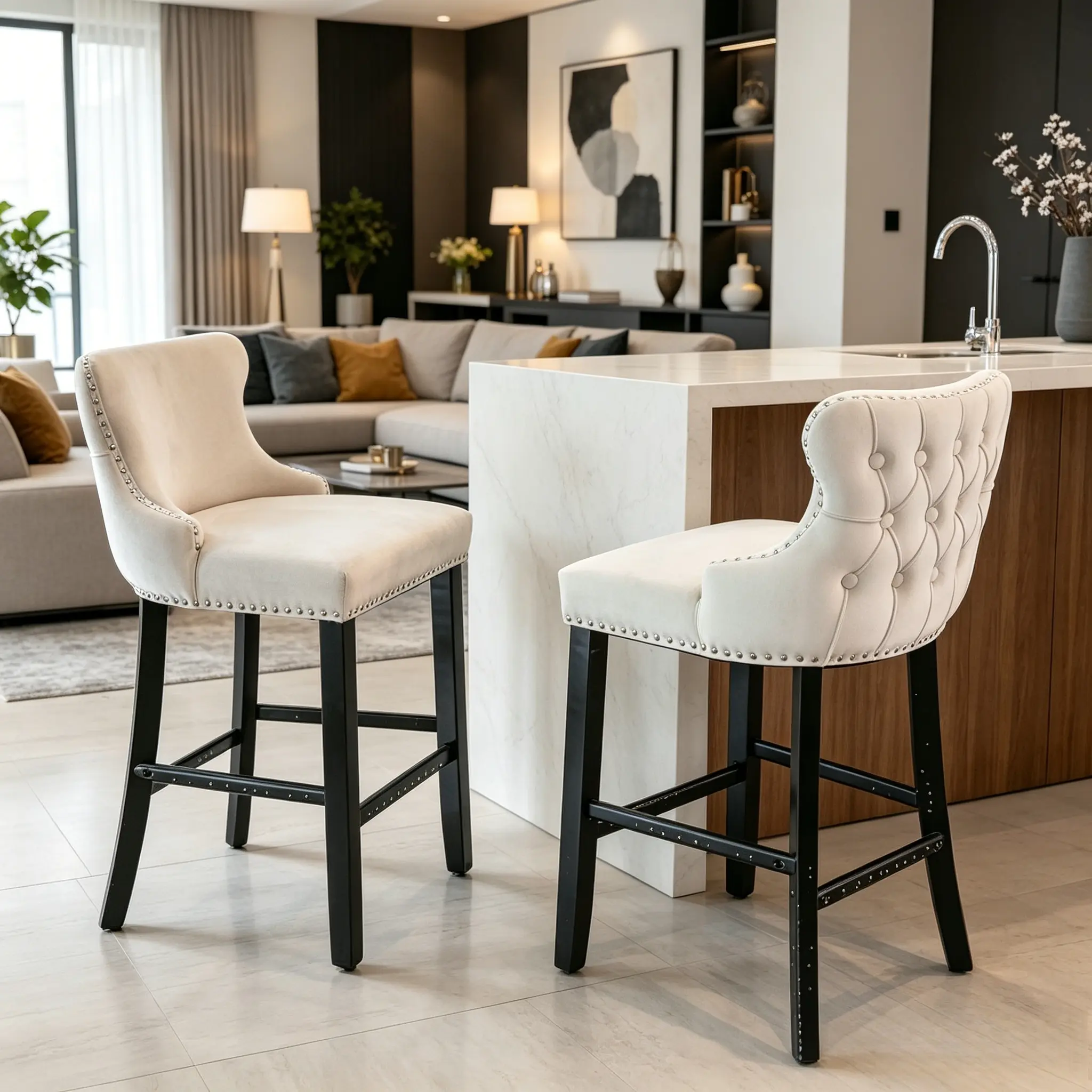 Set of 2 Kitchen Bar Stools - Contemporary Velvet-Upholstered Wing-Back Chairs, Durable Ergonomic Foam, Handcrafted Diamond Pattern, Button Tufting, Wooden Legs, Chrome Nailhead Trim, Leisure Style