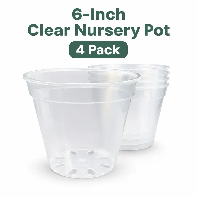 6-Inch Clear Nursery Pots 4 Pack | Transparent Plastic Plant Pots with Drainage Holes for Repotting, Cuttings & Indoor Houseplants