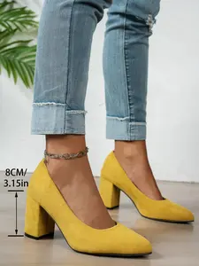 Women's Casual Slip-On Western Heeled High Heel Shoes, Spring & Fall Fashion Footwear, Comfortable Round Toe Design, Perfect for Daily Wear, Slip On Pumps