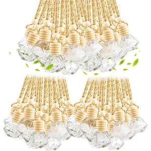 100 Pcs 8ml Hanging Car Air Freshener,Empty Clear Glass Essential Oil Diffuser Perfume Aromatherapy Pendant Bottle Vials Ornament Decor With Wooden Caps & Hanging String-Diamond Shape