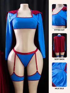 Women's Superman Cosplay Costume Set, Long Sleeve Top, Thong Panties, Cape, Silky Stretchy, Comfortable, Perfect for Parties, Valentine's Day Gift