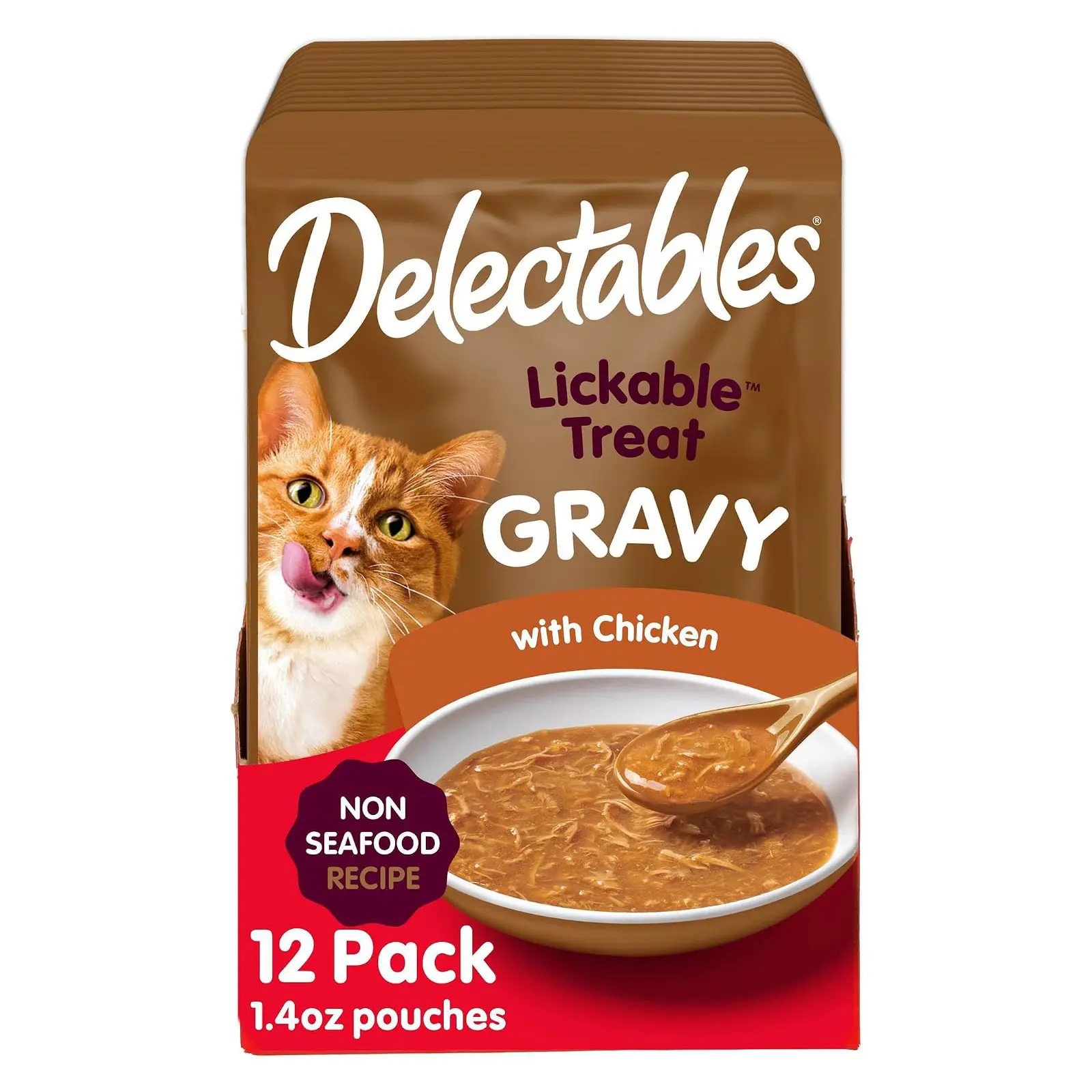 Delectables Lickable Treat Gravy Non-Seafood Wet Cat Treat with Real Chicken, Food Topper, Hydrating, Grain-Free, No Fillers, By-Products, Added Preservatives, 1.4oz Pouch, 12ct