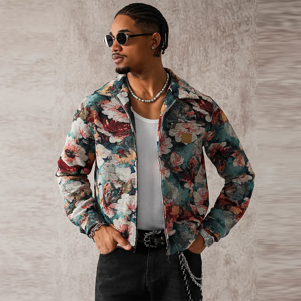 Men’s American high-street retro floral jacquard jacket with an oil painting–like texture, relaxed fit, turn-down collar—a trendy top with a cool vibe.