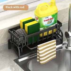Sponge Holder for Kitchen Sink, Sink Caddy with High Brush Holder, Stainless Steel Dish Sponge Holder with Divider, Dish Soap Dispenser & Storage Organizer Rack
