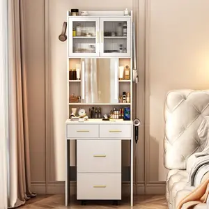 Mini Corner Makeup Desk with Storage Shelves and LED Lights for Organized Beauty Essentials